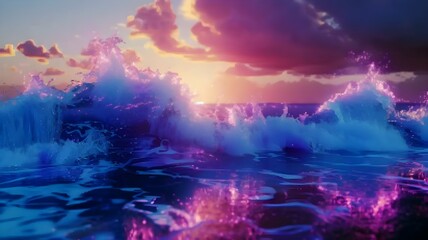  Electric blue neon waves crashing against a serene beach backdrop.