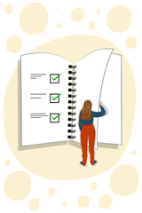 Vector illustration in cartoon style. Concept of woman holding todo, to-do list or checklist with checking of compete tasks. Checkboxes in test document, questionnaire survey form, control list.