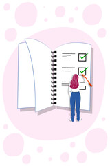 Vector illustration in cartoon style. Concept of woman holding todo, to-do list or checklist with checking of compete tasks. Checkboxes in test document, questionnaire survey form, control list.