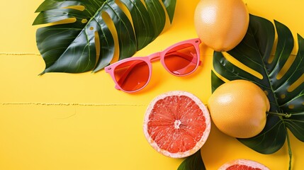 Pink sunglasses with a pink lens on a yellow and pastel background
