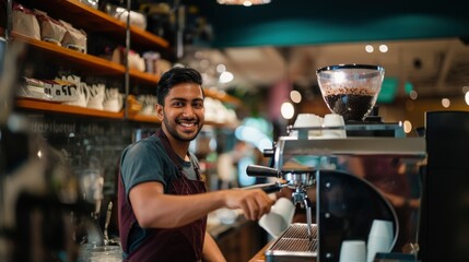 Portrait of a Smiling Barista Making Coffee at a Cafe