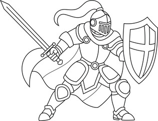 Brave knight in armor holding a sword outline coloring page