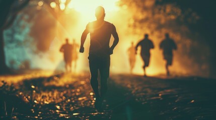 Fototapeta premium Silhouettes of Runners in Golden Light