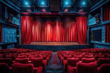 Theater stage with red velvet curtains and rows of seats for audience in front view.