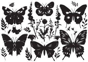 Flowers and butterfly design Bundle white background. Floral butterfly silhouette set Bundle