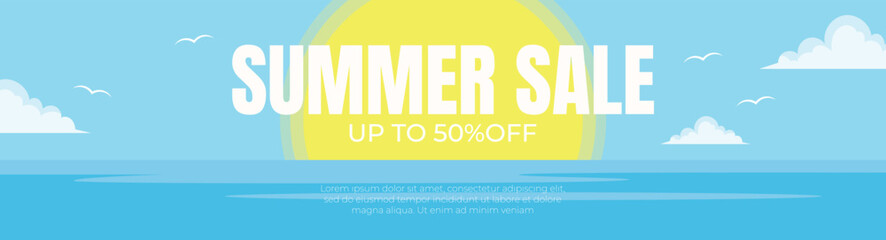 Summer sale banner with sea blue and yellow sun beach scene design background vector illustration
