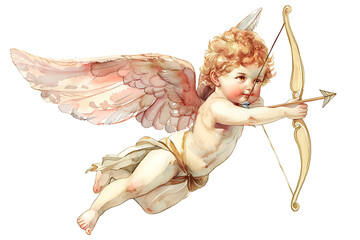 watercolor painting realistic vintage romantic of a cherub or cupid with bow and arrow isolated on white background.