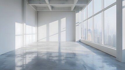 Obraz premium A bright, white empty room with large windows and a polished concrete floor. Sunlight streams through the window, casting soft shadows on one side of the wall.