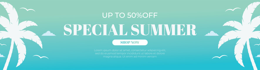 Summer sale banner with sea blue and tropical aesthetic design background vector illustration