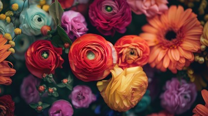 Selective focus on colorful flowers in a flower arrangement