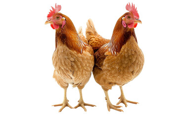 Naklejka premium Two chickens standing next to each other with their heads turned to the side