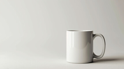 Fototapeta premium Photo of A white mug mockup on grey background, with copy space for text. Web banner without decorative elements. Simple clean light gray color background. The composition is in the lower right corner