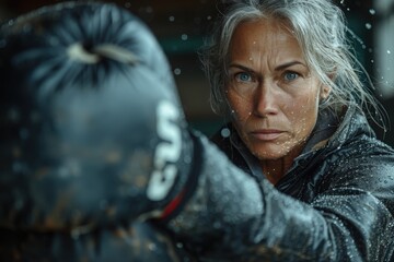 A focused female boxer in mid-action, hitting a punch bag. Her intense expression and powerful punch highlight her commitment and intensive training.