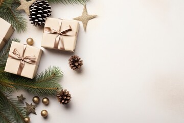 Christmas composition with fir tree branches pine cones gift boxes tag and ribbons Flat lay with blank copy space with generative ai