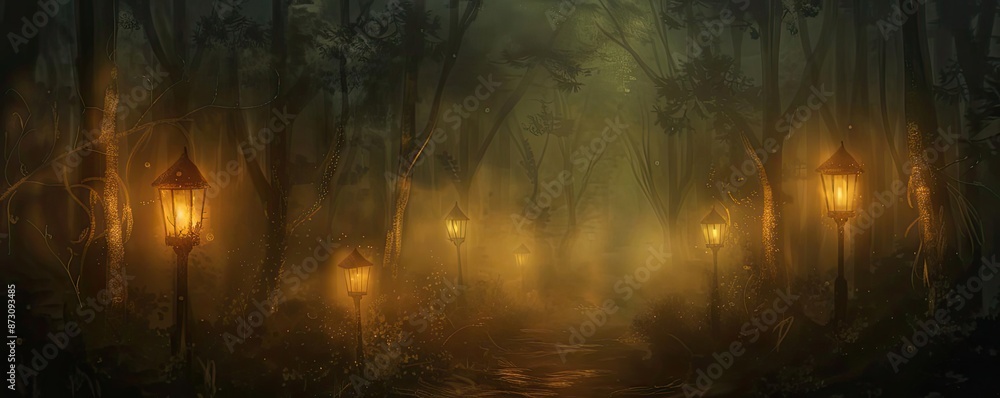 Poster mysterious foggy forest path illuminated by glowing lanterns, creating an eerie and enchanting atmos