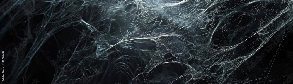 Poster a close-up view of intricate spiderweb patterns in a dark and mysterious setting, highlighting the d