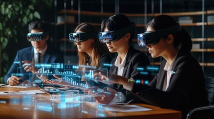 Skilled business people wearing VR glasses while planning strategy. Skilled project manager analyzing marketing data while talking and checking at financial plan.Technology innovation concept. AIG42.