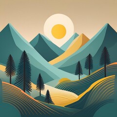 A beautiful painting depicts a mountain landscape with trees and the sun in the background under a clear blue sky on a sunny morning