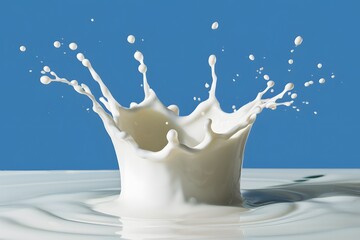 Dynamic scene of milk splashing, forming a crown like shape with droplets