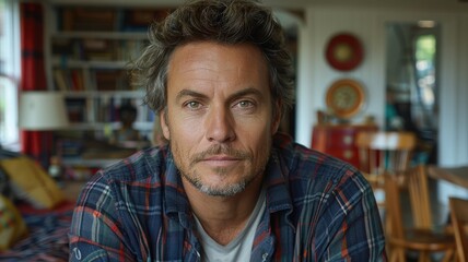 Portrait of attractive smiling man sitting in office and looking at camera