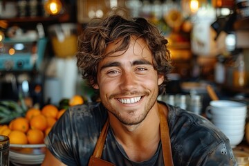 Obraz premium A smiling man with curly hair stands behind a bar counter in a cafe. He is wearing a brown apron. Oranges are on the counter.