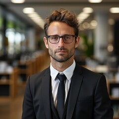 Fototapeta premium Confident businessman in suit and glasses standing in modern office space, professional workplace background