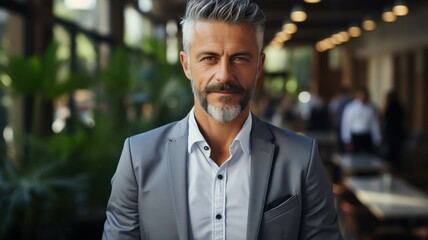 Fototapeta premium Confident mature businessman with grey hair and beard in a modern office setting, wearing a stylish suit and looking directly at the camera.