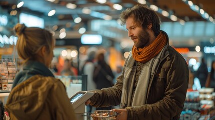 Fototapeta premium Man paying for groceries at a self-checkout counter in a supermarket