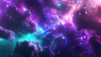 A nebular galaxy in rich shades of deep purple, indigo, and turquoise, with bright stars and glowing clouds forming a mesmerizing universe wallpaper.
