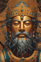Obraz premium Statue of mythological God concept art. Portrait of a silver bearded man in golden palette