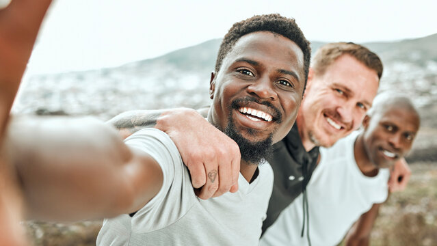 Portrait, selfie and friends outdoor for fitness, exercise or workout together for health in nature. Sport, diversity and face of happy group of men with picture for training, bonding and wellness
