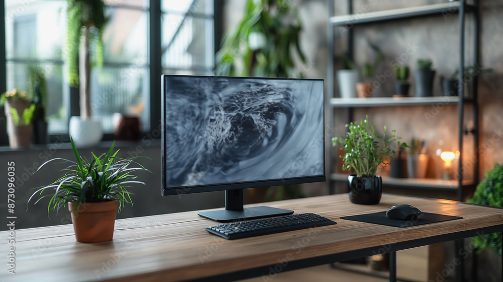 Poster computer desk with a desktop monitor displaying a dashboard of graphs and charts