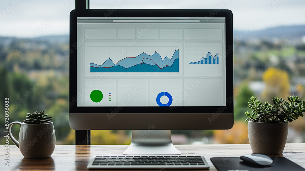 Poster computer desk with a desktop monitor dashboard of graphs and charts