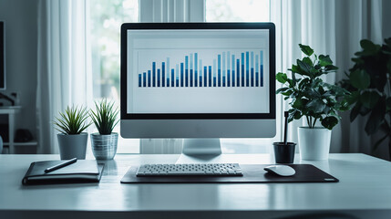 A modern office workstation with a black flat-screen monitor, keyboard, and mouse on a sleek desk