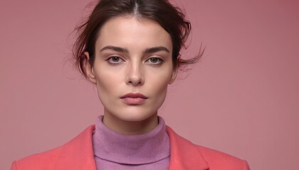 Fototapeta premium Beautiful skinny model French style woman with beauty skin in fashionable modern clothes on powdery pink background. Generative AI