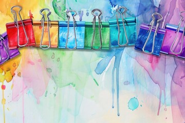Row of colorful binder clips on a vibrant watercolor background, showcasing a rainbow spectrum and artistic creativity.