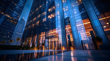 A towering skyscraper with large glass windows, showcasing the modern architecture of corporate buildings. The exterior is sleek and shiny, reflecting lights from nearby office towers.
