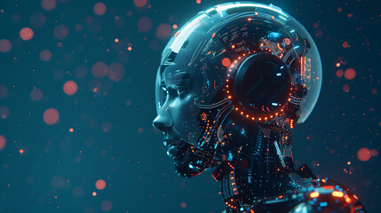 Machine learning and cyber security in the form of human face outline. Big data and AI technology