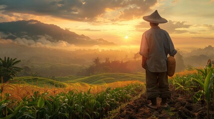 Fototapeta premium Farmer Overlooking Rice Terraces at Sunrise in Southeast Asia. Generative ai