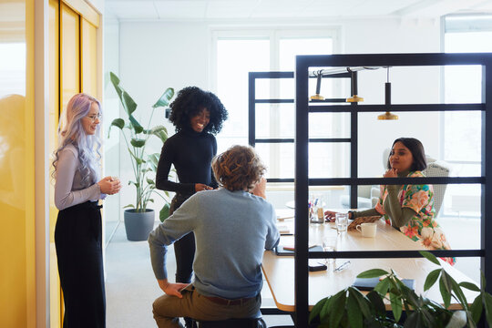 Female colleagues listening to businessman during meeting in office