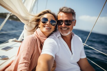 Portrait of a smiling middle aged couple sailing on a yacht