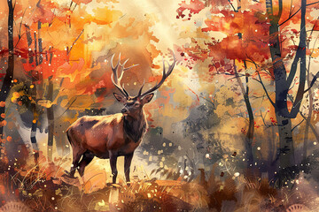 A magnificent deer stands proudly amidst a vibrant autumn forest.