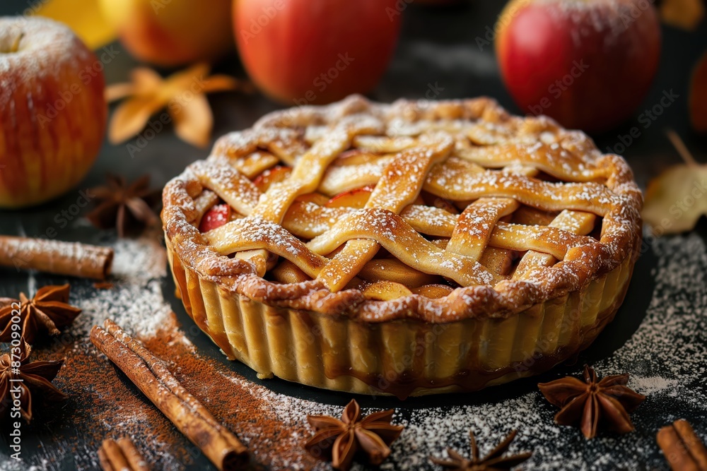 Wall mural apple pie on a black background, apples and cinnamon