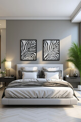 A contemporary bedroom with a sleek white bed, zebra-patterned wall art, and modern nightstands with elegant lamps.