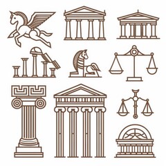 Obraz premium Welcome to Greece concept design with winged horse pegasus, amphora, doric columns, sparta runners, scales, and the ancient orthodox cathedral depicted.