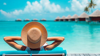 Woman's peaceful retreat in a beach bungalow in tropical getaway at an exotic beach resort.
