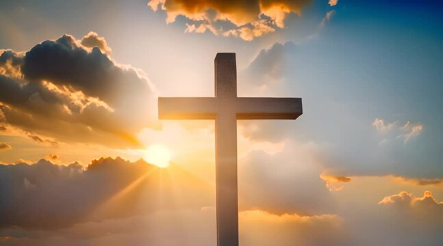 Jesus cross symbol glowing with golden light, floating majestically in an infinite sky background filled with vibrant, swirling colors of sunset and dawn