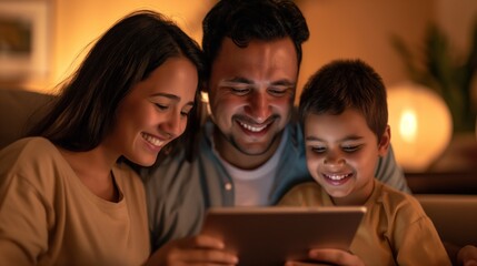 Family enjoying evening entertainment with digital tablet.