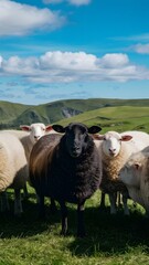 Fototapeta premium Black sheep among white sheep in lush green meadow under blue sky Vertical Mobile Wallpaper