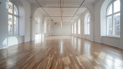 Spacious White Room with Arched Windows and Wooden Floor